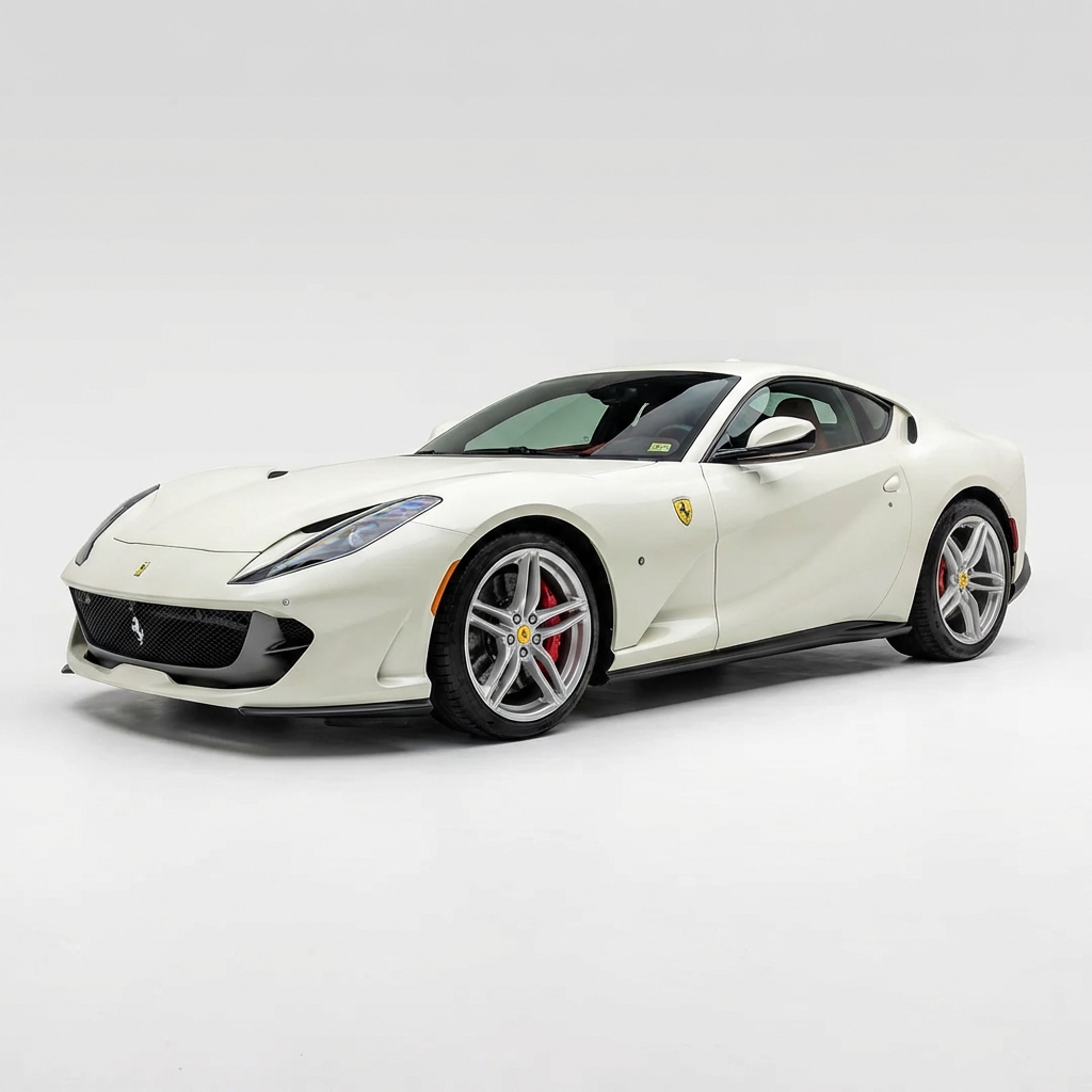 White Ferrari 812 on a clean studio background after bulk AI background removal