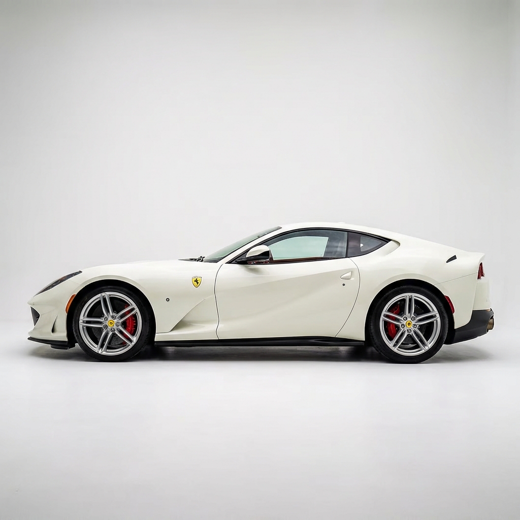 White Ferrari 812 side profile on a studio background after AI background removal
